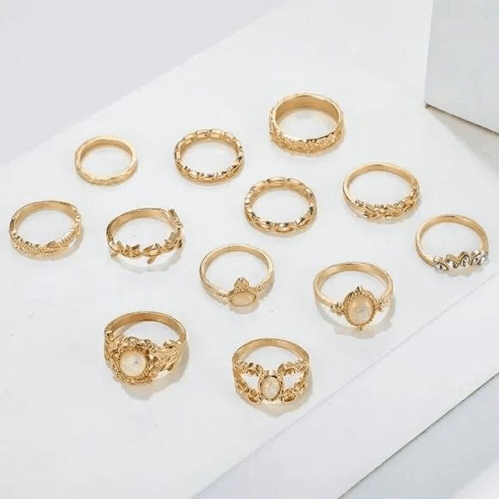 Ladies Gold 12 Piece Stylish Ring Set - Picture 2 of 7